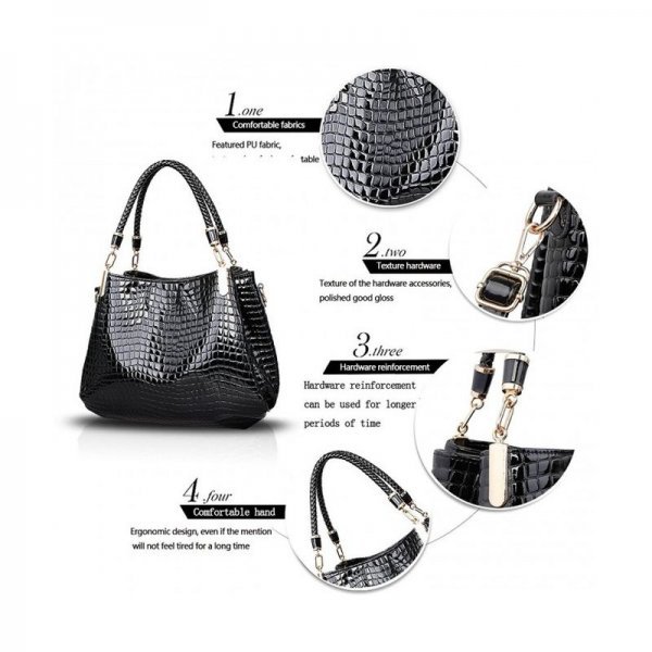 NEW CROCODILES PATTERN WOMEN HANDBAGS FASHION SHOULDER MESSENGER BAG TWO PIECES SETHANDBAG + WALLET - BLACK - Image 5