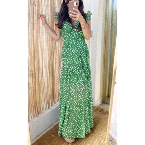 Elegant Green V-Neck Front Hem Slit Maxi Dress - Image 5