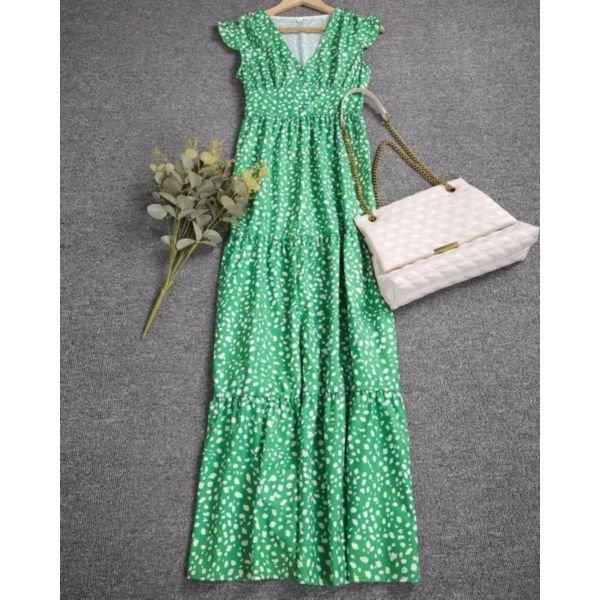 Elegant Green V-Neck Front Hem Slit Maxi Dress - Image 4